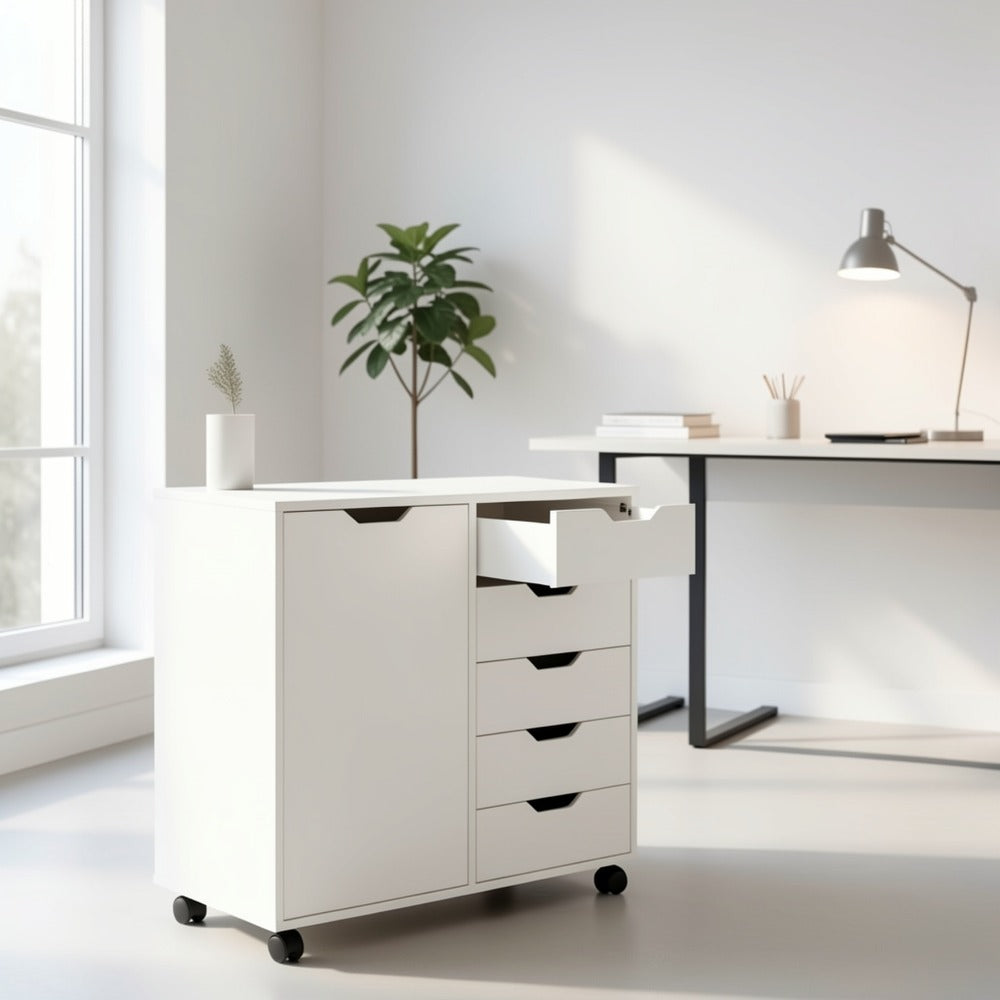 5-Drawer Wood Storage Cabinet with Rolling Wheels and Adjustable Shelves detail image - detail view 7