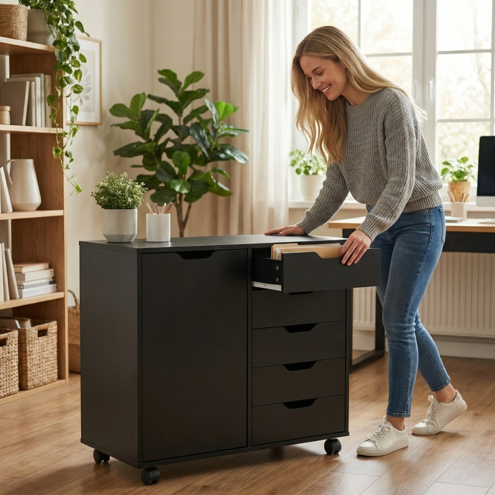 Storage Cabinet, 5-Drawer Office with Wheels & Printer Stand - Wooden Chest of Drawers shown in the main product view