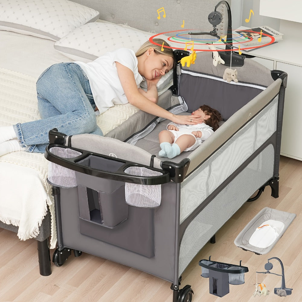 Baby Bassinet, 5-in-1 Bedside Crib with Diaper Changer, Mattress & Storage - Foldable shown in the main product view