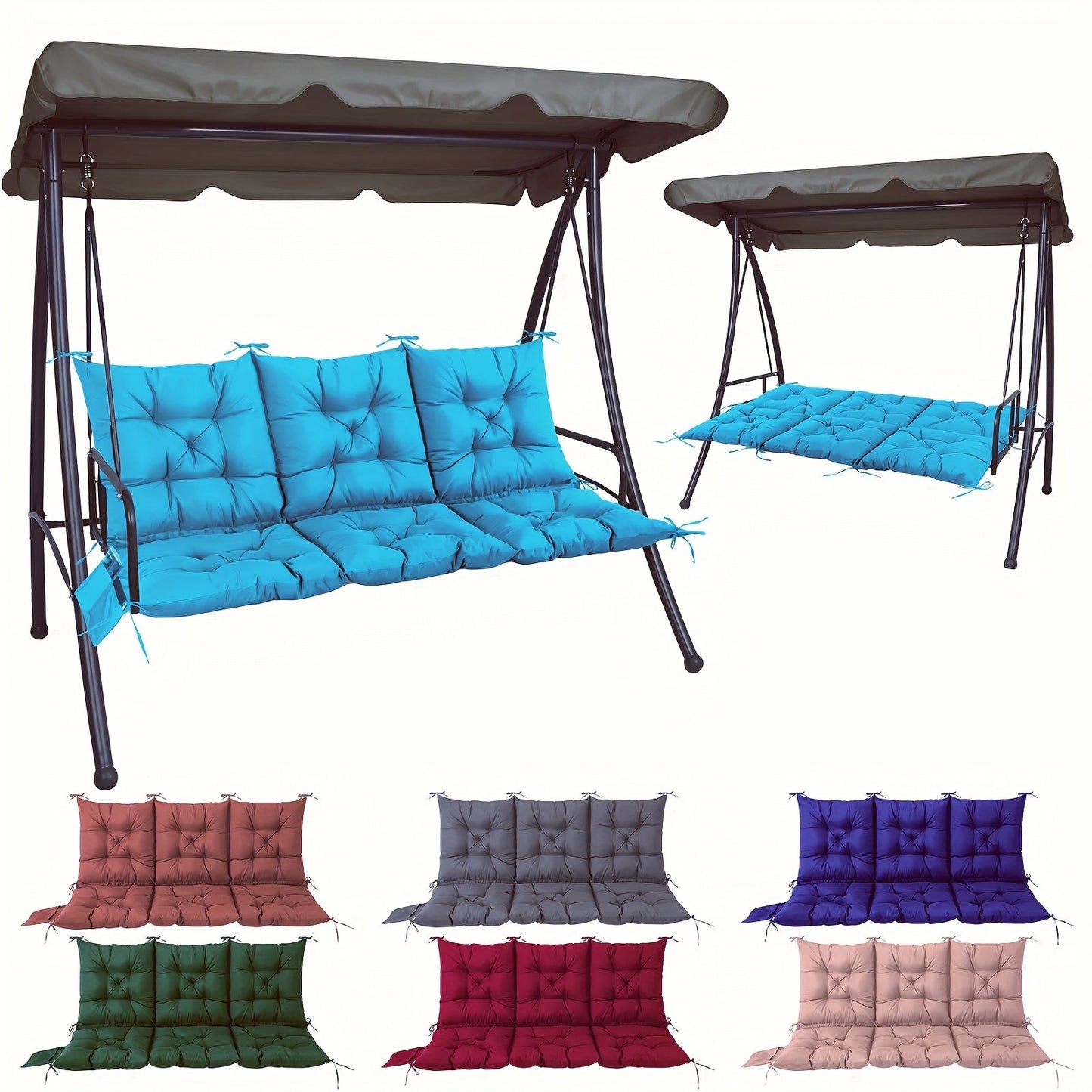 Outdoor Swing Cushion shown in the Upgraded version of high sun exposure lake blue option