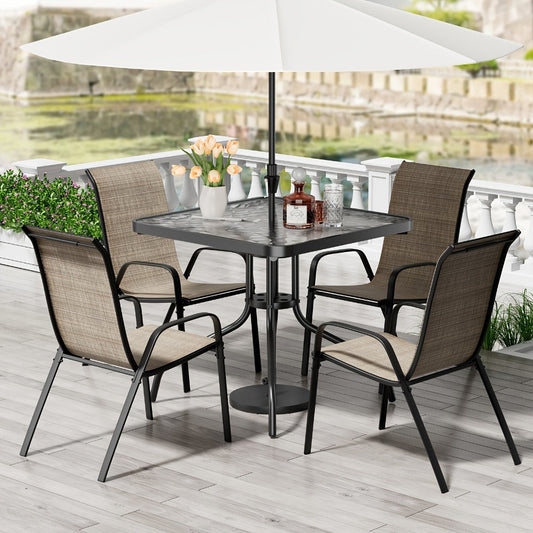 Patio Dining Set, 5 Piece Stackable Textilene Chairs Glass Table All-Weather Outdoor shown in the main product view