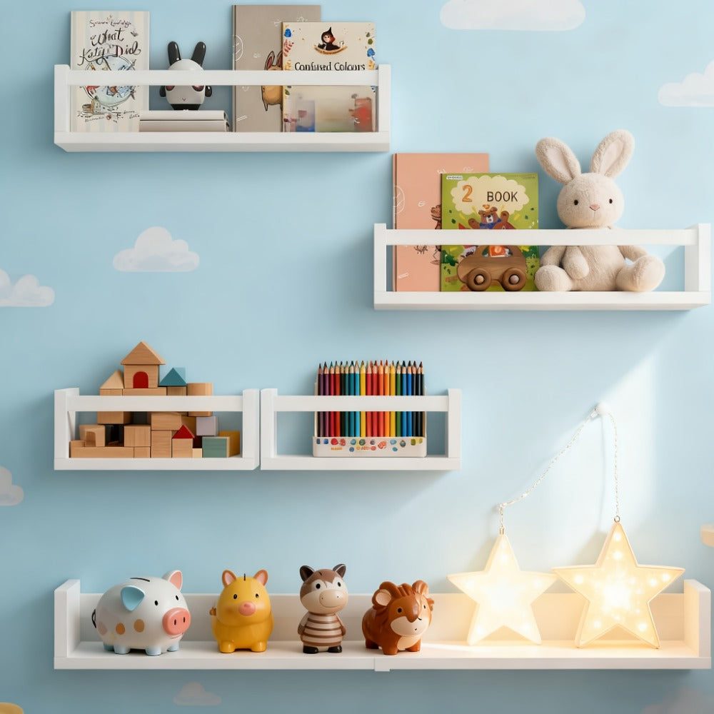 Floating Wall Shelves for Kids Nursery Room 5-Piece Pine Wood Set DIY Wall Mounted shown in the main product view