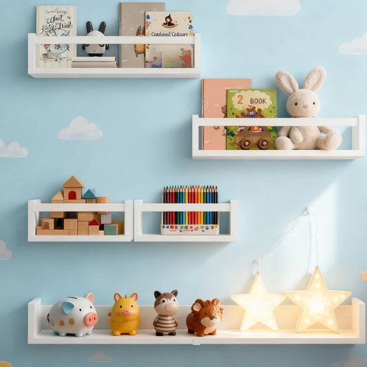 Floating Wall Shelves for Kids Nursery Room 5-Piece Pine Wood Set DIY Wall Mounted shown in the main product view