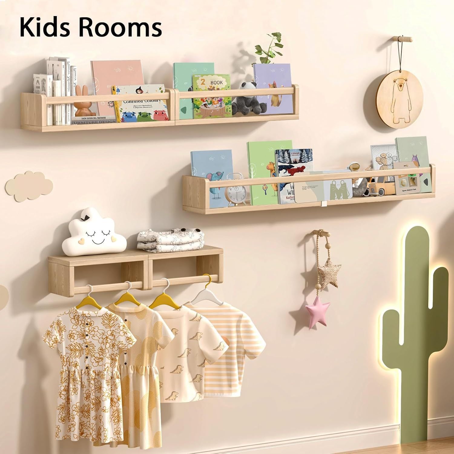 Floating Wall Shelves shown in the Natural Wood option