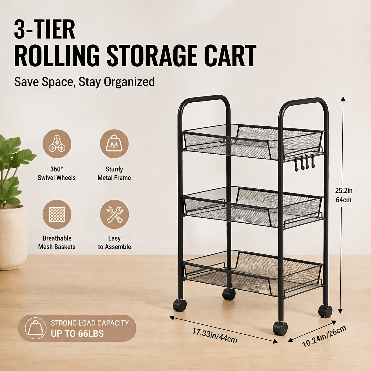 Storage Cart shown in the Black Three Layers option