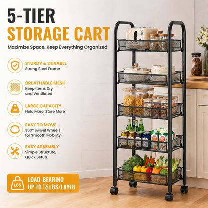Storage Cart, 3/4/5-Tier Metal Rolling with Hooks & Mesh Baskets - 360° Swivel Wheels shown in the main product view