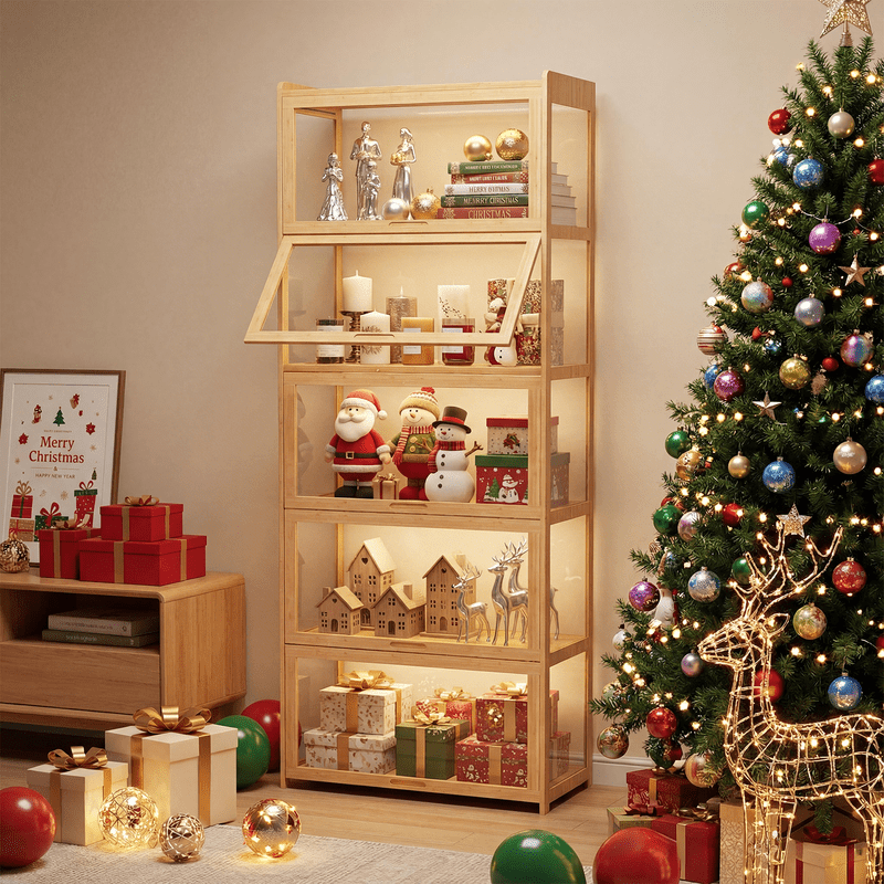Display Cabinet, 5-Tier Curio with Acrylic Doors & Bamboo Frame - Collectibles Showcase shown in the main product view
