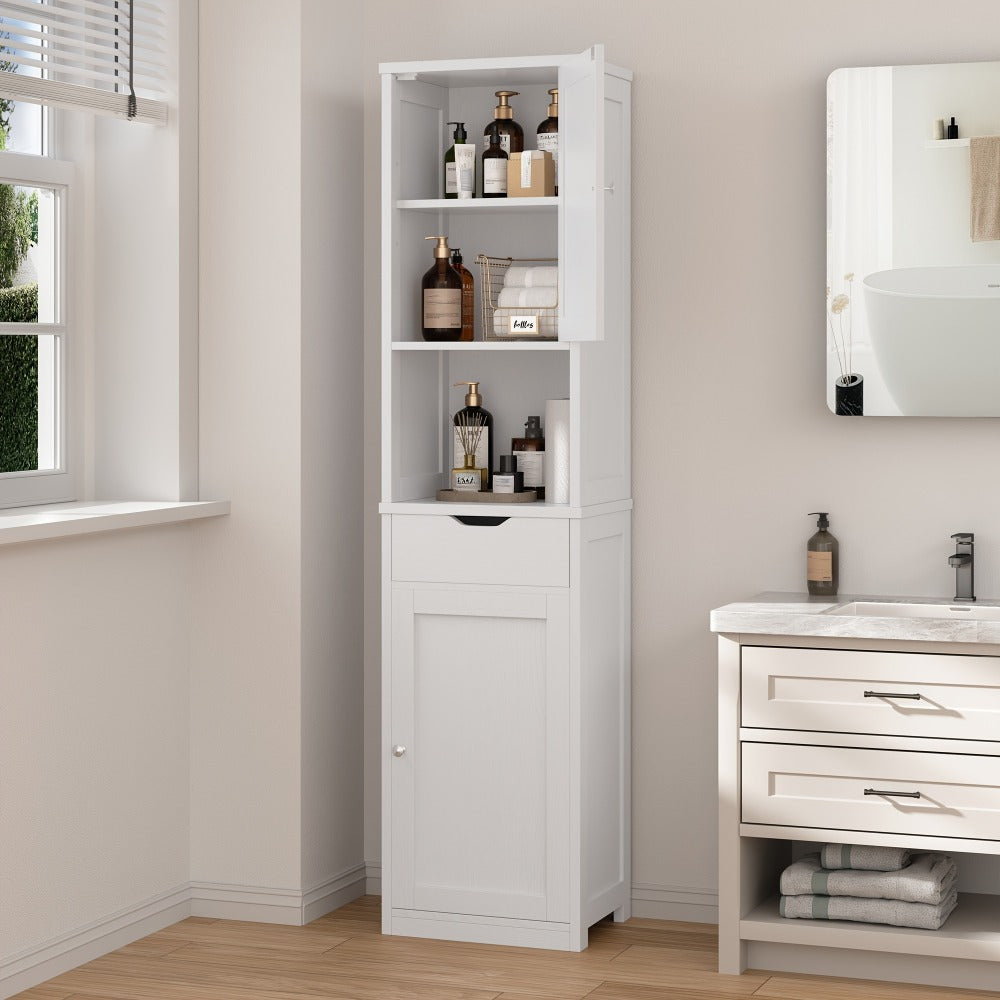 Storage Cabinet, 5-Tier Narrow Freestanding with 1 Drawer & 2 Doors White, Space-Saving shown in the main product view