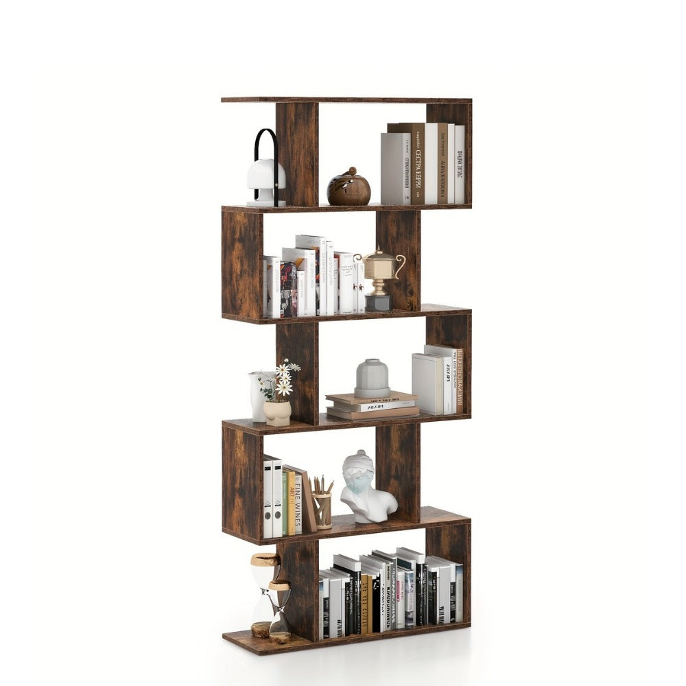 Bookcase, 5-Tier S-Shaped Geometric & Room Divider - 62.5" Tall Freestanding Industrial shown in the main product view