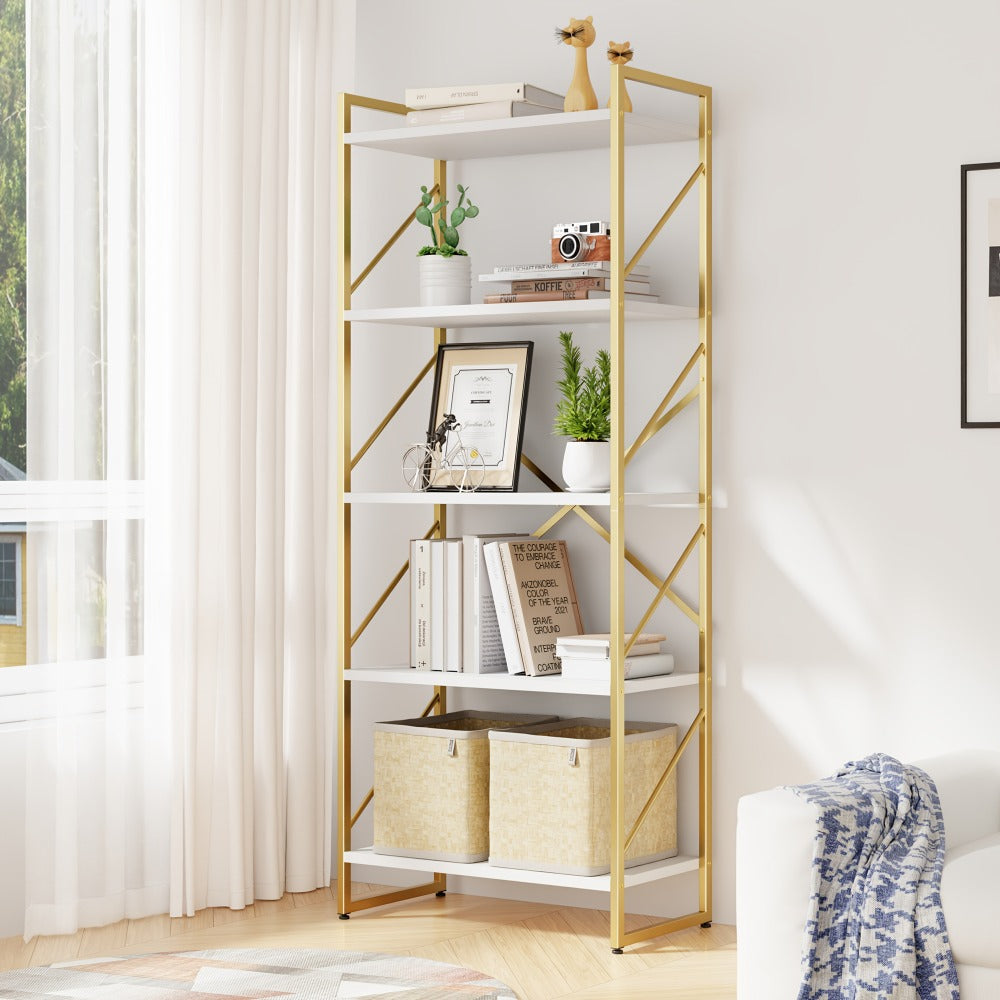 Bookshelf, 5 Tier Tall Industrial Style - Classic Freestanding Bookcase with White & Gold shown in the main product view