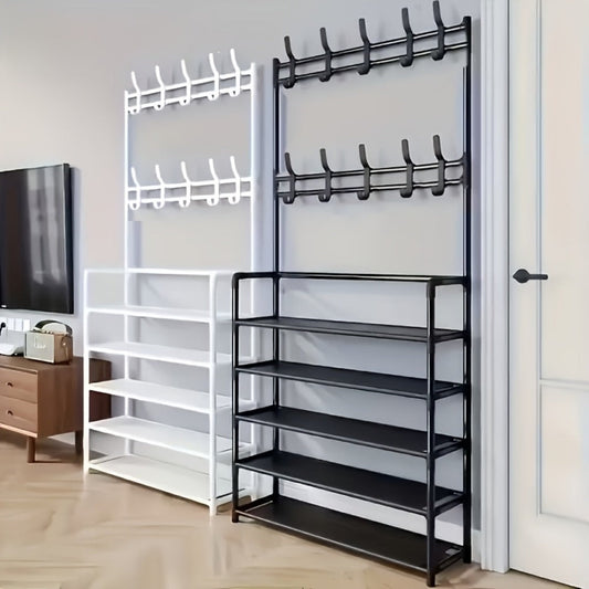 Coat Rack with Shoe Rack 5 Tier Metal, 10 Double Hooks Freestanding Entryway Coat Stand shown in the main product view