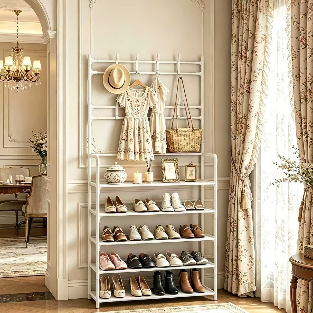 Shoe Rack, 5-Tier Metal with 8 Hooks, Freestanding Entryway Organizer for Shoes Coats Hats shown in the main product view