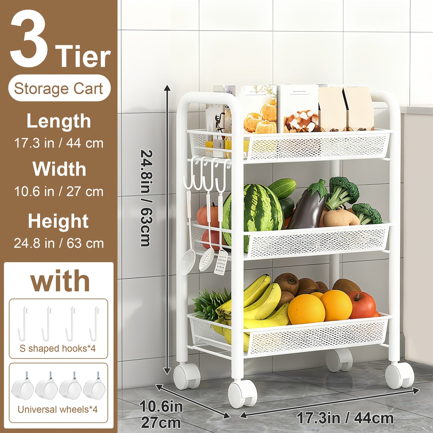 Kitchen Storage Cart shown in the 3 Layers Of White option