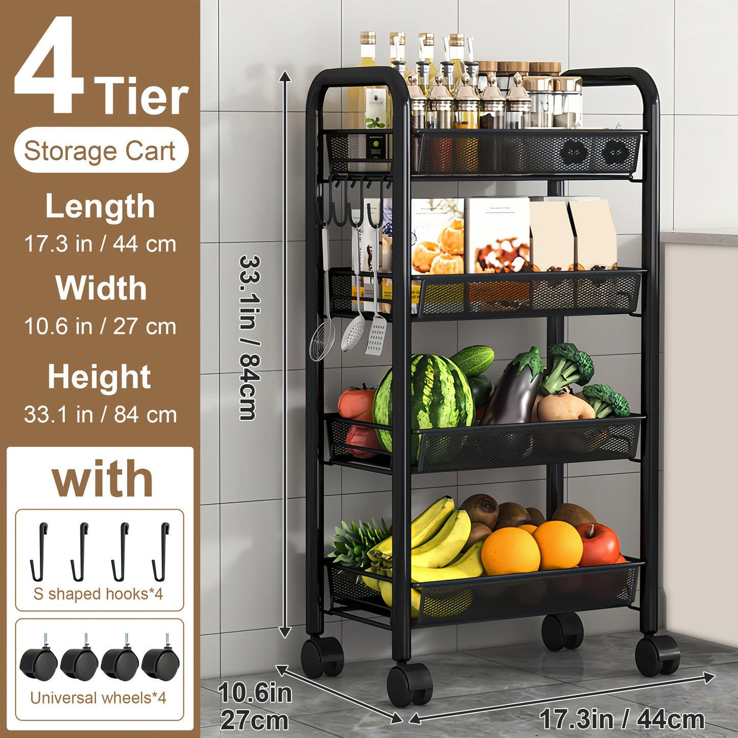 Kitchen Storage Cart shown in the 4 Layers Of Black option
