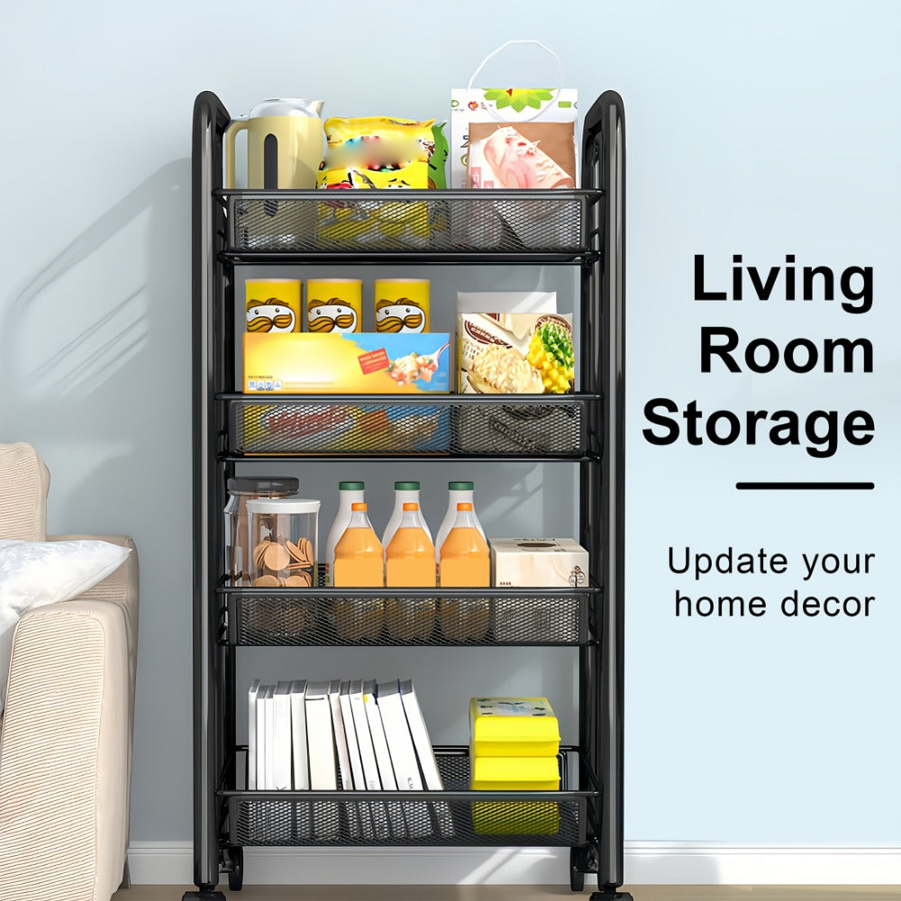 5-Tier Metal Kitchen Storage Cart with Mesh Storage Shelf and 360° Swivel detail image - detail view 10