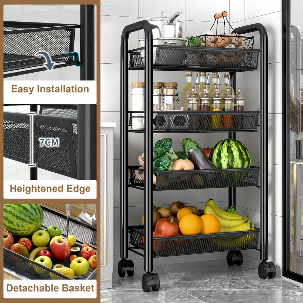 5-Tier Metal Kitchen Storage Cart with Mesh Storage Shelf and 360° Swivel detail image - detail view 14