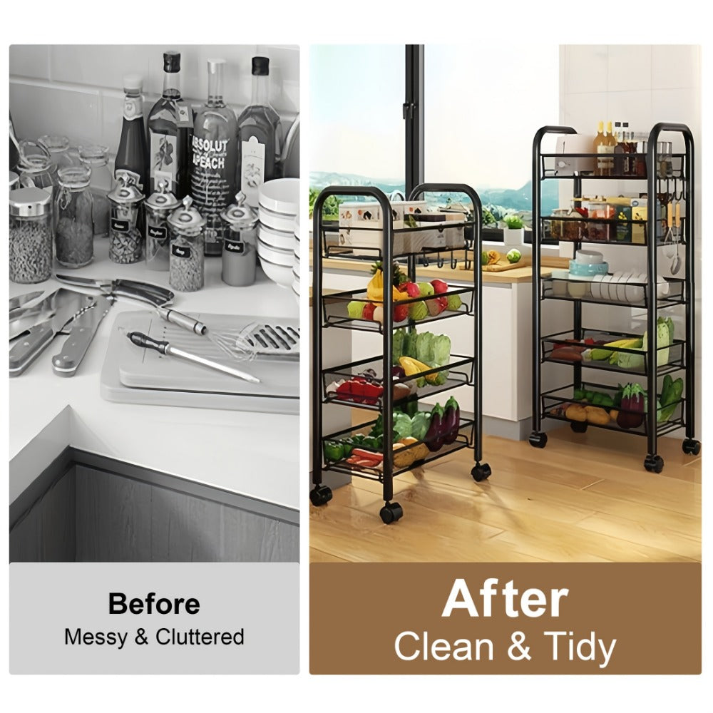 5-Tier Metal Kitchen Storage Cart with Mesh Storage Shelf and 360° Swivel detail image - detail view 17