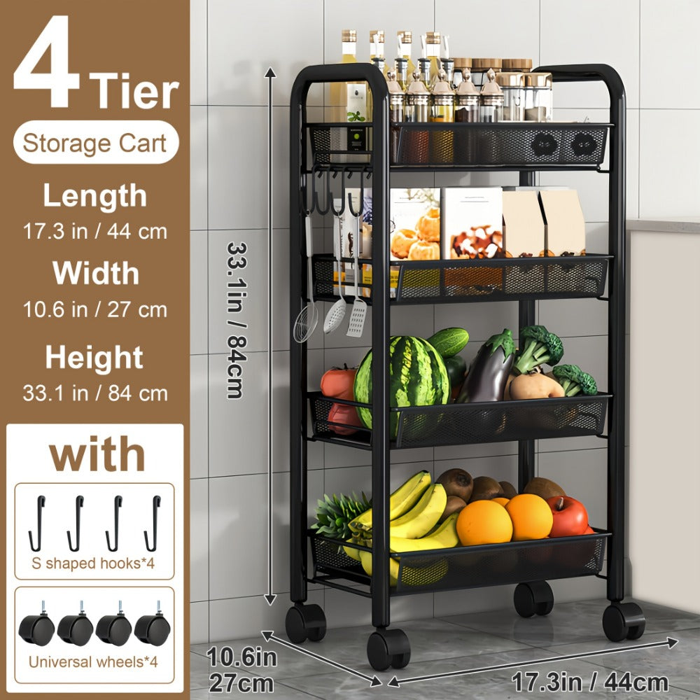 5-Tier Metal Kitchen Storage Cart with Mesh Storage Shelf and 360° Swivel detail image