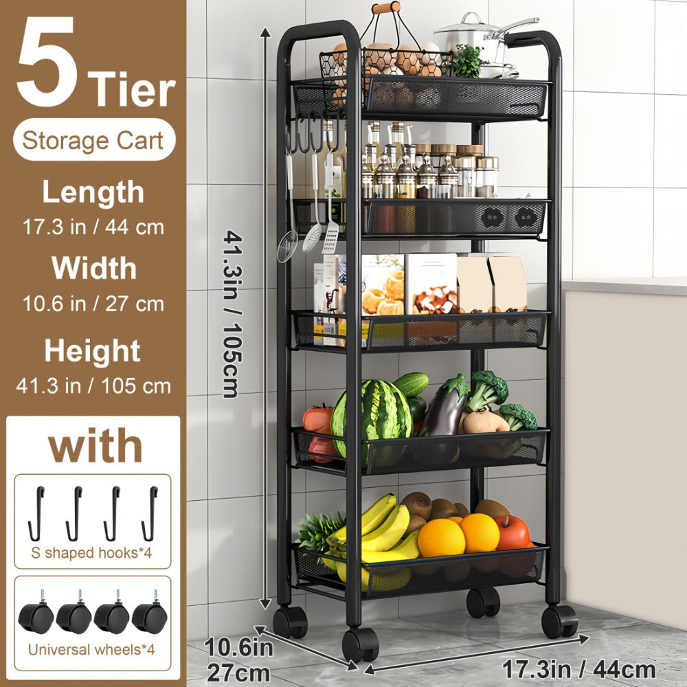 5-Tier Metal Kitchen Storage Cart with Mesh Storage Shelf and 360° Swivel detail image - detail view 3