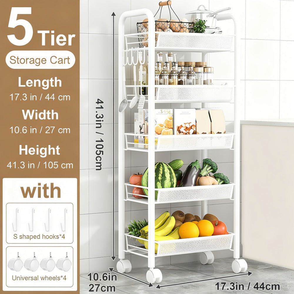 5-Tier Metal Kitchen Storage Cart with Mesh Storage Shelf and 360° Swivel detail image - detail view 6