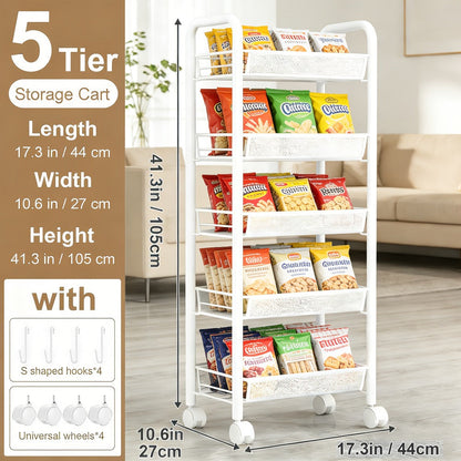 5-Tier Metal Kitchen Storage Cart with Mesh Storage Shelf and 360° Swivel detail image - detail view 9