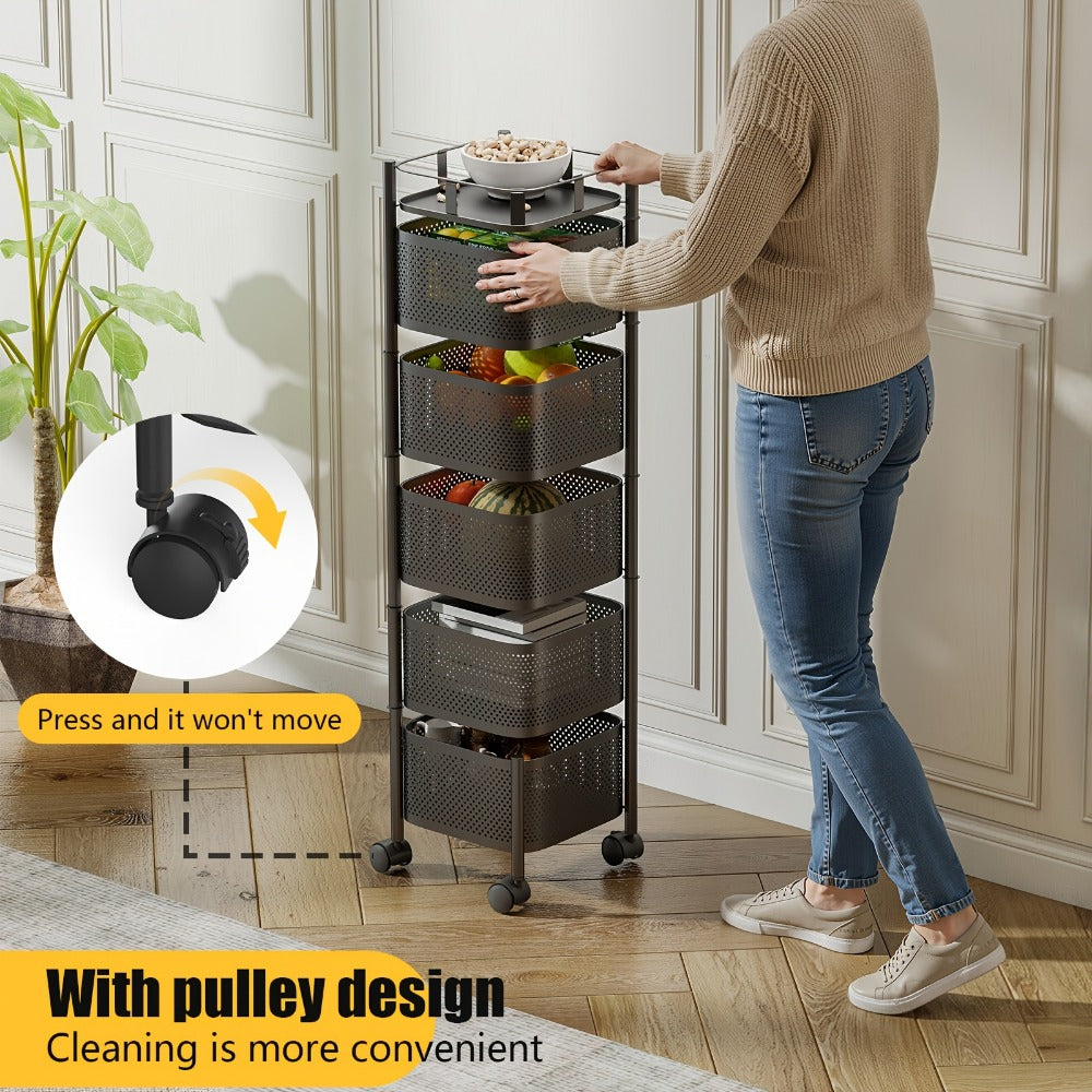 5-Tier Metal Kitchen Storage Shelf with Rolling Wheels and 360° Swivel detail image - detail view 8