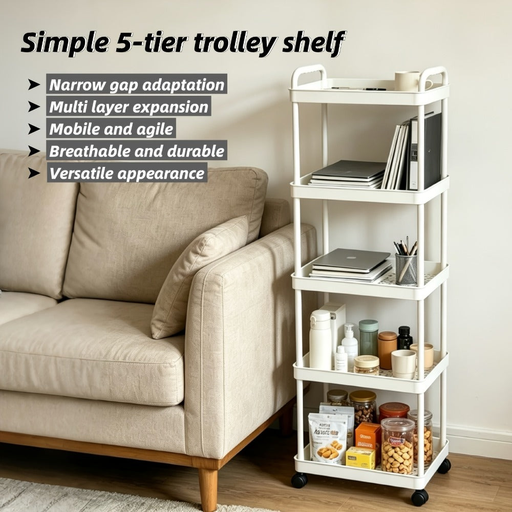 5-Tier Rolling Storage Trolley Rack with Rolling Wheels and Open Shelves for Bedroom detail image - detail view 6