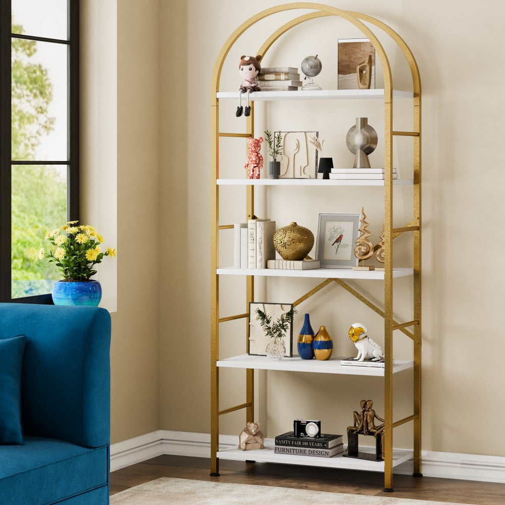 Bookshelf, 5-Tier Arched with Metal Frame - Tall Farmhouse Display Shelf for Bedroom shown in the main product view