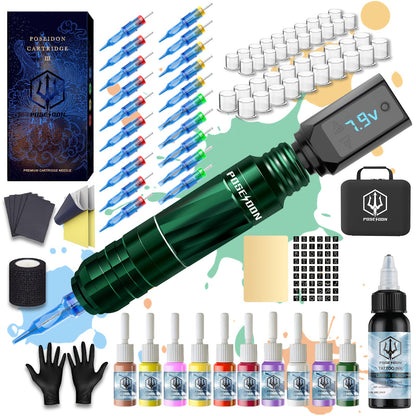 Tattoo Pen Kit with Extra Battery 1400mAh V3 PRO LTK06 - Poseidon Wireless Rotary Machine LCD Screen 20 Needles 6 Inks Power Supply Complete Set for Beginners & Artists