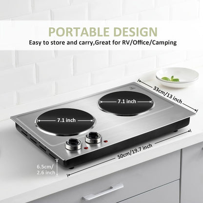 Electric Infrared Cooktop Double Burner Hot Plate – 1800W Portable Dual Temperature Control, Easy-Clean Smooth Surface, Countertop Infrared Stove for Home Kitchen & Dorm, Black or Silver