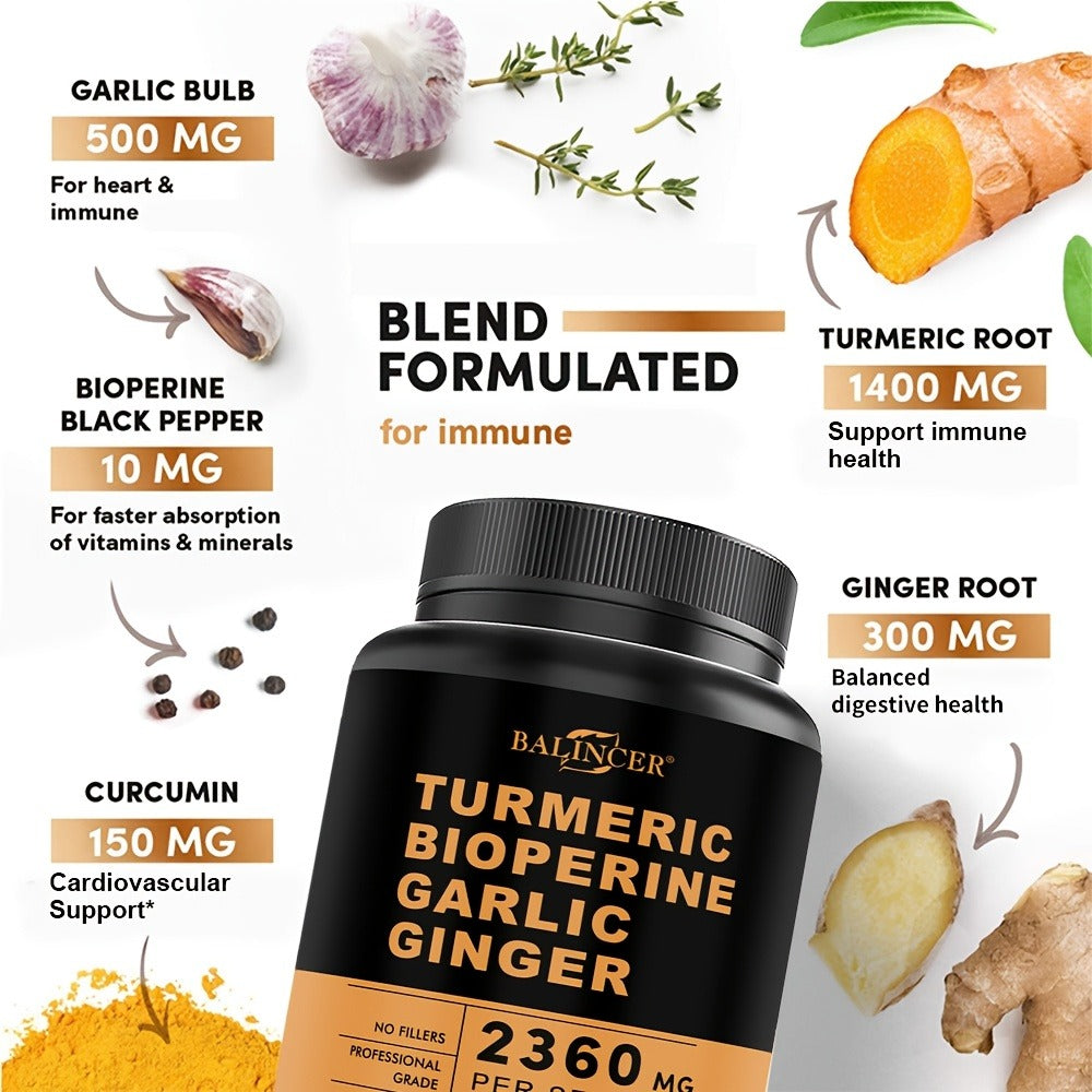 Turmeric Garlic Ginger Supplement 2360mg with Black Pepper – 4-in-1 Anti-Inflammatory, Joint & Immune Support Herbal Formula for Women & Men, 120 Capsules