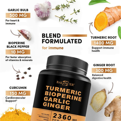 Turmeric Garlic Ginger Supplement 2360mg with Black Pepper – 4-in-1 Anti-Inflammatory, Joint & Immune Support Herbal Formula for Women & Men, 120 Capsules