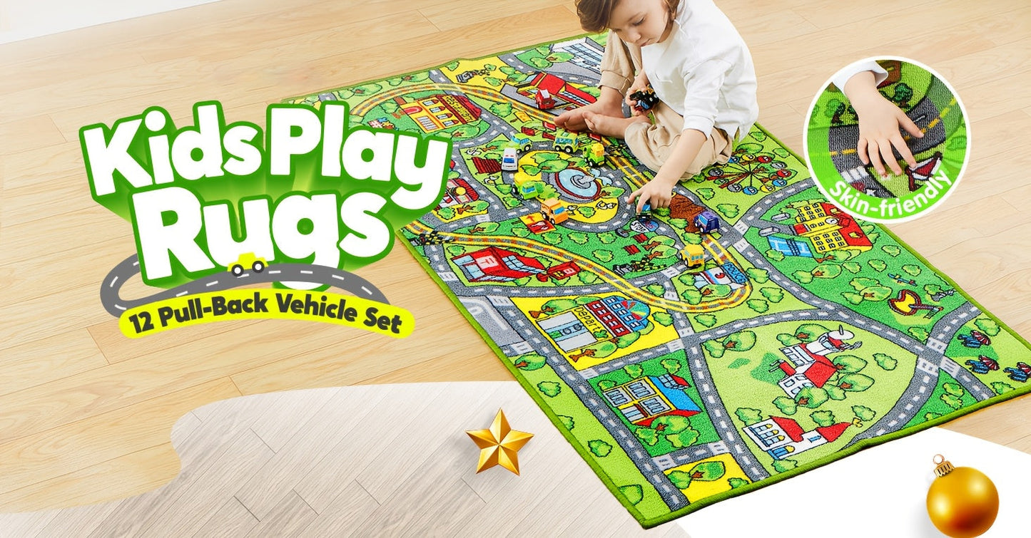 Kids City Playmat with 12 Cars - Jumbo city play rug with 12 pull-back cars