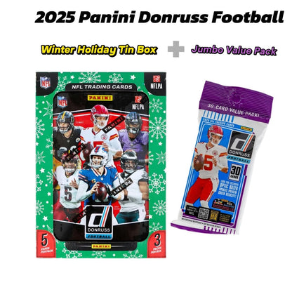 2025 Panini Donruss Football Holiday Tin + Jumbo Value Pack Bundle – 3 Exclusive Press Proof Purple Cards, 400-Card Base Set, Gridiron Kings & Rookie Hits for NFL Collectors