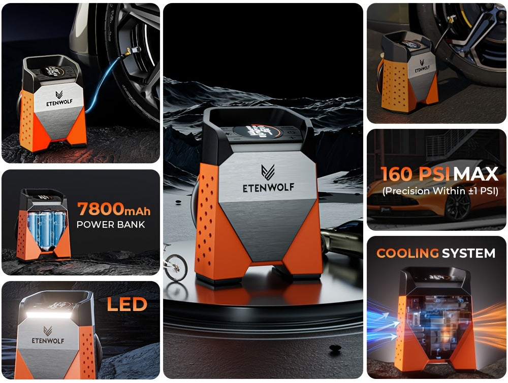ETENWOLF S3C Ultra-Fast Tire Inflator with 160PSI and 5.81gal/Min Inflation and 7,800mAh Battery for Cars, Motorcycles, Bikes and Balls. Includes Pressure Monitor and Auto-stop Function, LED Lighting, a Variety of Adapted Nozzles and More!