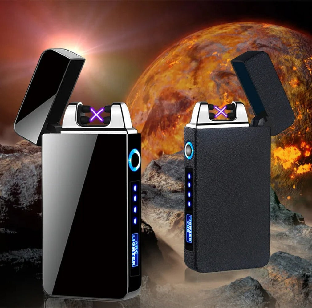 USB Electric Lighter Dual Arc Plasma – Windproof Flameless Rechargeable Lighter with LED Power Display, Touch Sensor, Metal Body, Ideal for Outdoor Camping Candles Holiday Gift (No Battery Required)