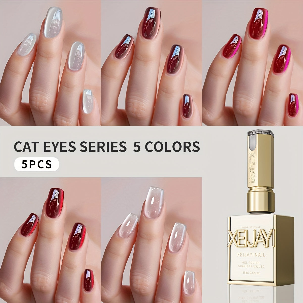 Magnetic Cat Eye Gel Nail Polish 5 Color Set Ruby Red Raspberry Blackberry White Moonlight Plain Water UV LED Soak Off Shimmer 3D Glass Bead Effect Nail Art Kit for Women Home Salon