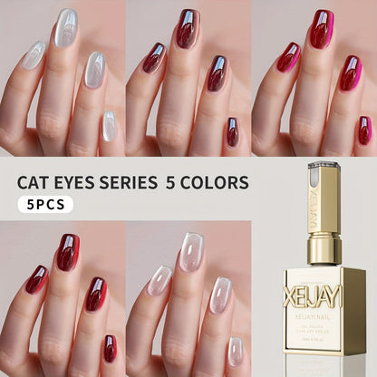 Magnetic Cat Eye Gel Nail Polish 5 Color Set Ruby Red Raspberry Blackberry White Moonlight Plain Water UV LED Soak Off Shimmer 3D Glass Bead Effect Nail Art Kit for Women Home Salon