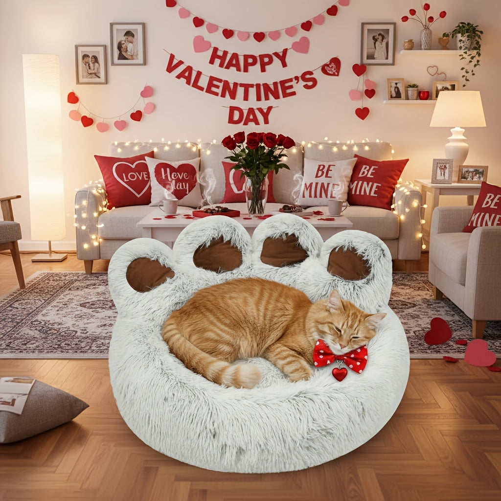Dog Bed Cat Bed Bear Paw Shaped Donut – Calming Round Plush Pet Mattress, Warm & Soft Cuddler Bed for Dogs and Cats, Includes Pet Scarf, Sizes S to 2XL, Colors: Coffee, Pink, Grey, Brown