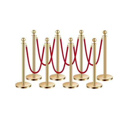 Stanchion Posts with Red Velvet Rope Set - Gold Crowd Control Barrier, 201 Stainless Steel Queue Poles with Sand-Fillable Base & 4-Way Connectors, for Wedding Event Party Museum Hotel, 4/6/8 Pcs