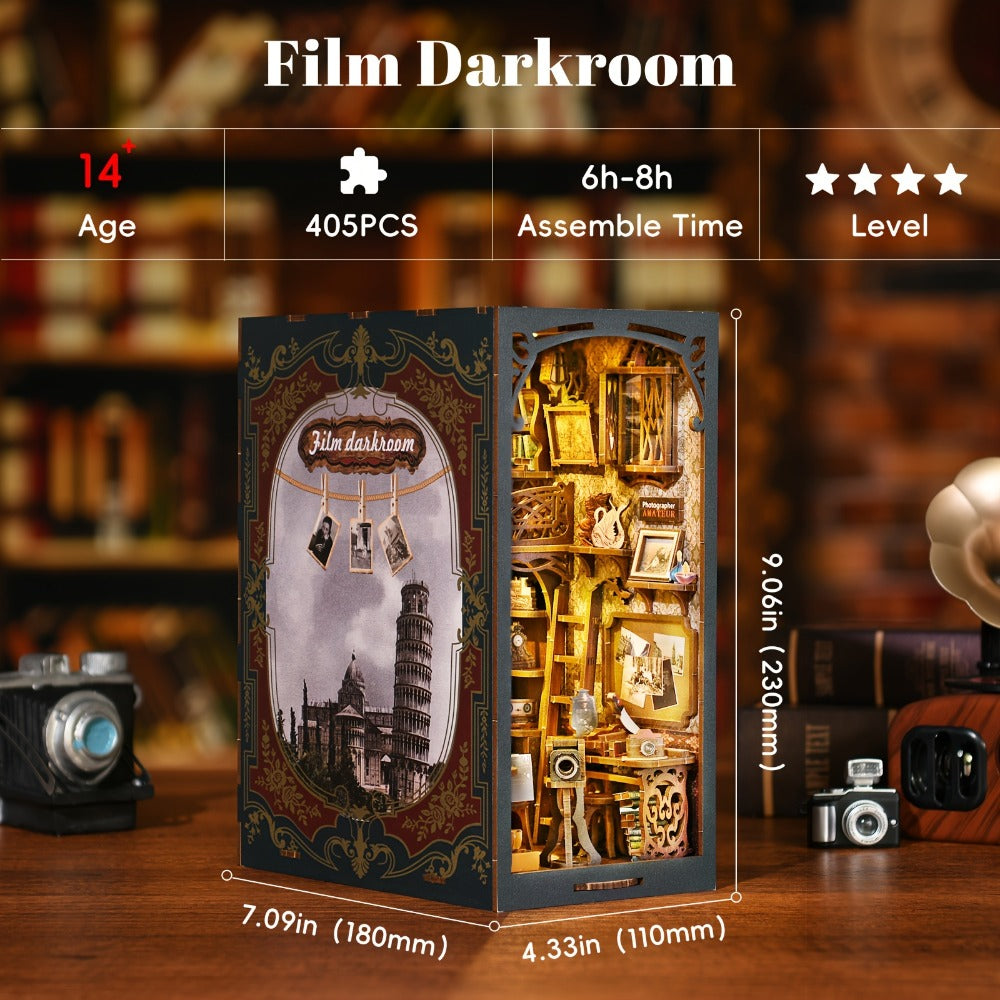 Book Nook Kit Film Darkroom DIY – Vintage Photography Bookshelf Insert Decor, 3D Wooden Puzzle Bookend Model Building Set for Adults Teens, Home Office Living Room Decoration, No Battery Needed