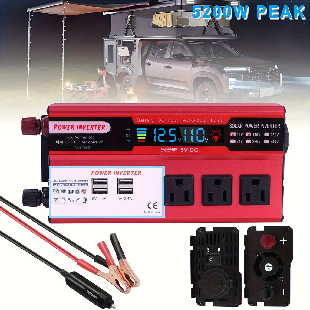 5200W Peak Power Inverter, Car Pure Sine Wave Inverter DC 12V to AC 110V, with LCD Digital Display And 4 USB Ports, 3 US Sockets, Fast Charging for Rvs Boats Car Trucks And Outdoor, Without Battery
