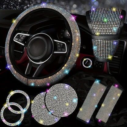 Rhinestone Car Accessories Set for Women 8 Pcs – Bling Steering Wheel Cover Cup Coasters Seat Belt Pads Shift Knob Cover Starter Rings – Multicolor Pink Purple