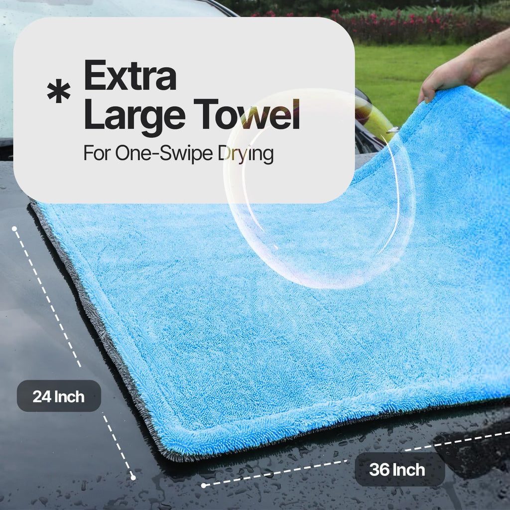 Extra Large Pack of 2 Double Twisted Loop Quick-Drying Towel | 24X36 Inches 1400GSM And 12X12 Inches | High Absorbency | Leaving No Streaks | Designed for Car Detailing