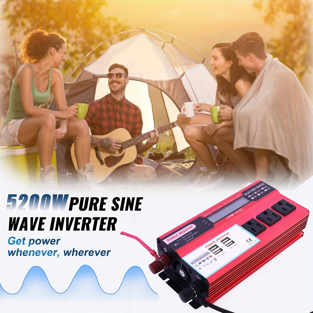 5200W Peak Power Inverter, Car Pure Sine Wave Inverter DC 12V to AC 110V, with LCD Digital Display And 4 USB Ports, 3 US Sockets, Fast Charging for Rvs Boats Car Trucks And Outdoor, Without Battery