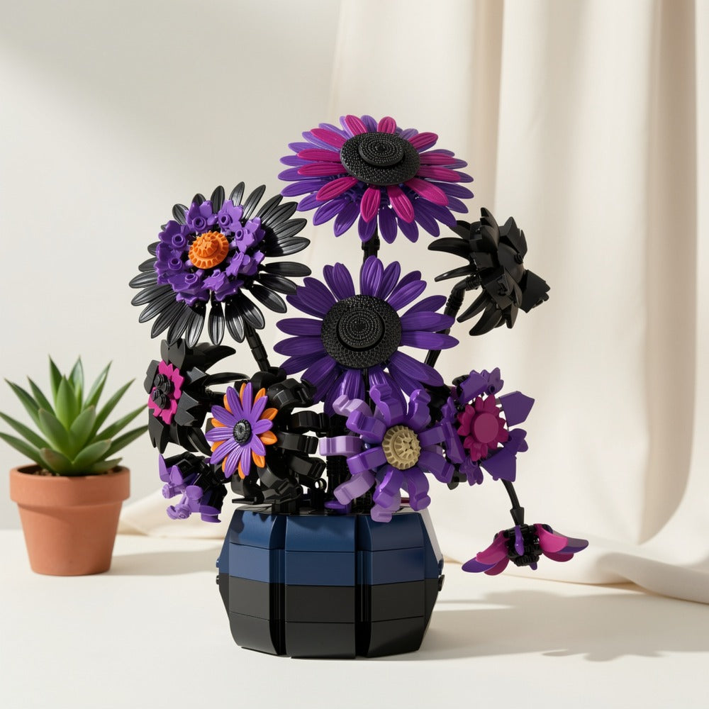 Sunflower Building Blocks Bouquet Set for Adults – Purple Van Gogh Art Botanical Flower Brick Kit Creative Home Decor Display Model, Unique Birthday Mother's Day Valentine's Day Gift for Women