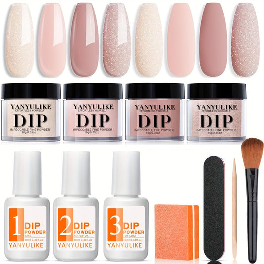 Nude Shimmer Dip Powder Nail Kit for Beginners 4 Colors with Base Coat Top Coat & Activator – Complete No Lamp Nail System for Home Salon DIY Nail Designs Gift for Women