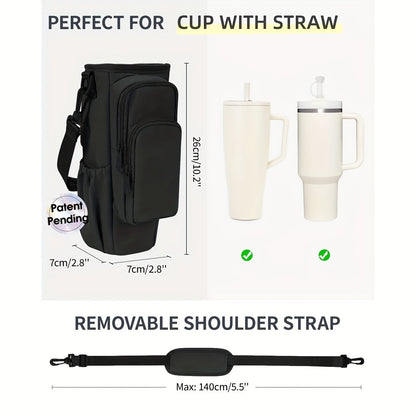 Insulated Water Bottle Carrier Bag for 30-40oz Bottles - Adjustable Shoulder Strap, Phone Pocket & Straw Cover - Neoprene Bottle Holder Pouch for Dog Walking, Hiking & Outdoor Activities