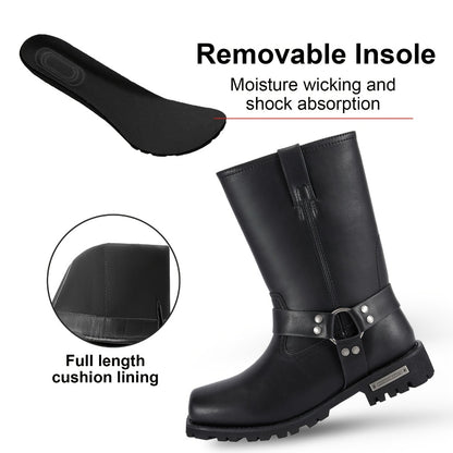 Men's Motorcycle Boots 11" Harness – PU Leather Non-Slip Square Toe Mid-Calf Biker Boots, Abrasion Resistant All-Season Riding Boots, Sizes US 8 to US 14, Black