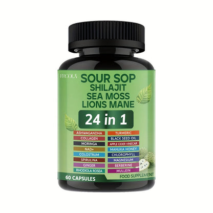 Sea Moss Capsules 24-in-1 Superfood Blend 2238mg with Soursop Shilajit Lion's Mane Graviola — Gut Health Immunity Brain Energy Antioxidant Support Supplement for Men Women 60 & 120 Count